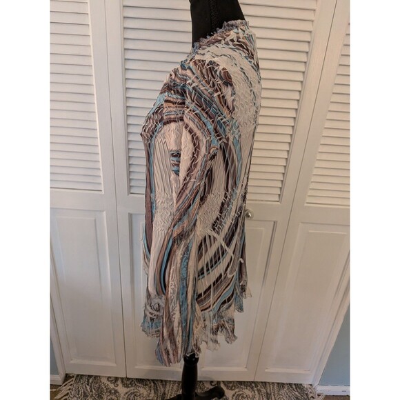 Komarov Blouse Women's M Crinkled Lace Blue Tan Vortex Abstract Art To Wear Boho - Picture 9 of 13
